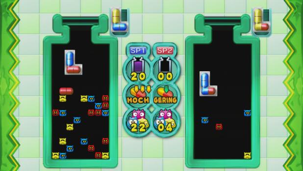 DR. LUIGI: Die neuen L-förmigen Pillen gestalten das Spiel teilweise kniffliger. Hier im klassischen Luigi-Fieber Mehrspieler-Modus.